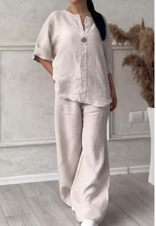 Women's Solid Color Cotton-Linen Casual Pant Set Long Sleeve
