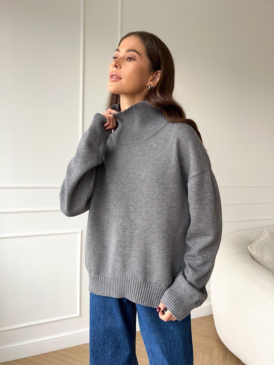 Women's Loose High Neck Solid Color Pullover Knit Sweater