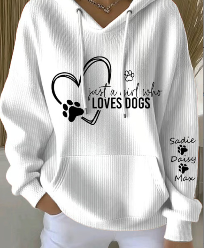 Women's Dog Paw Print Letter Hoodie Long Sleeve Pullover