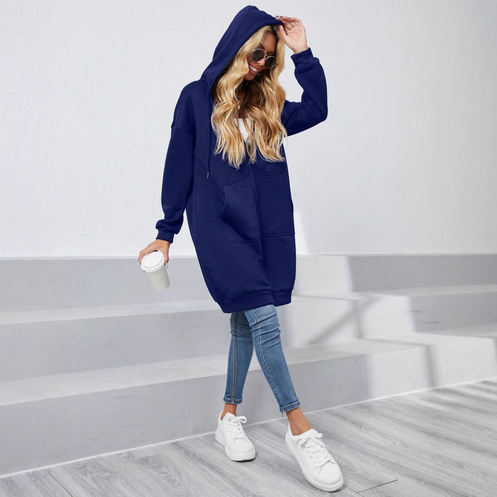 Women's Zip-Up Hooded Cardigan Sweatshirt Jacket with Pockets, Mid-Long Loose Fit