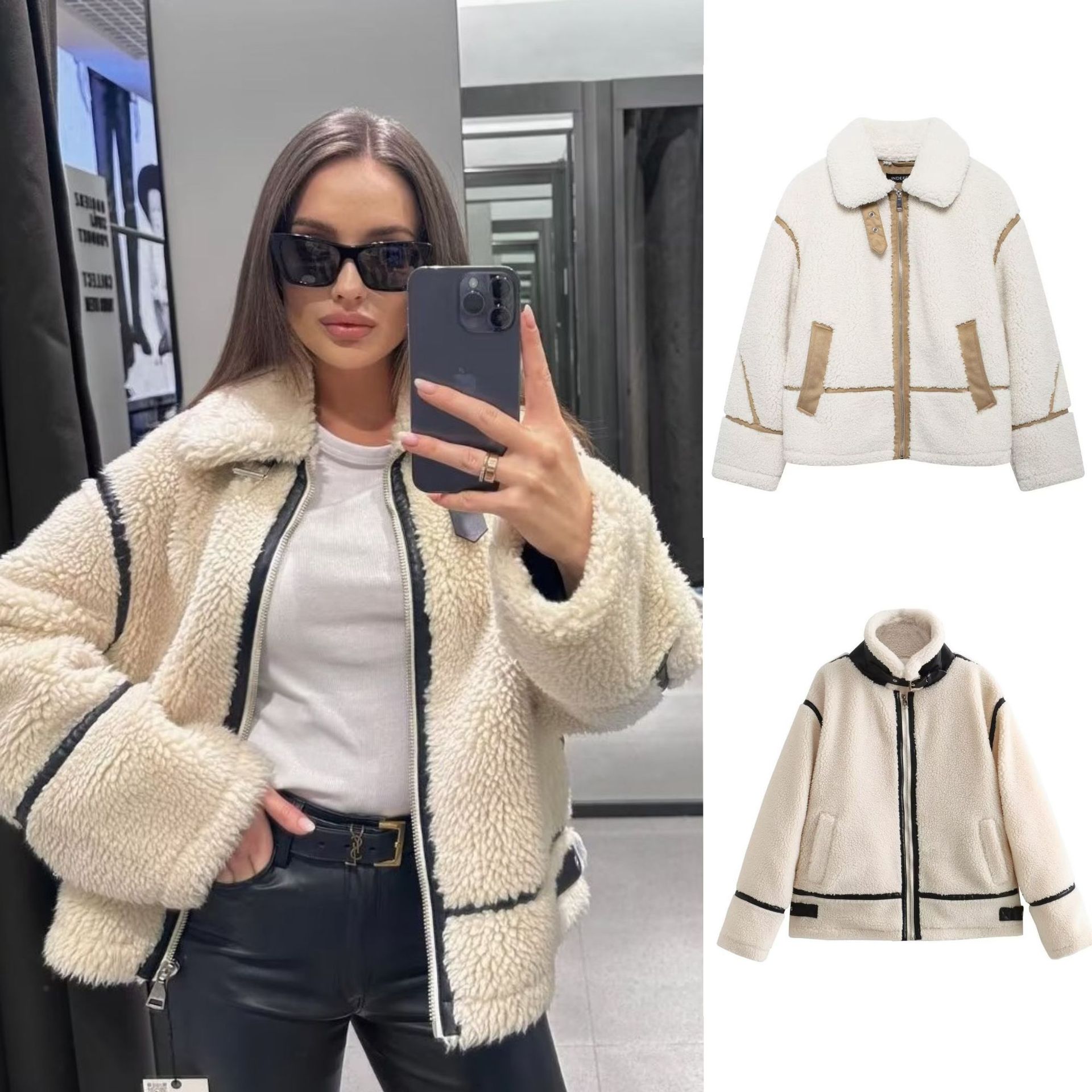 Women's Faux Fur Shearling Jacket Crew Neck Button Front