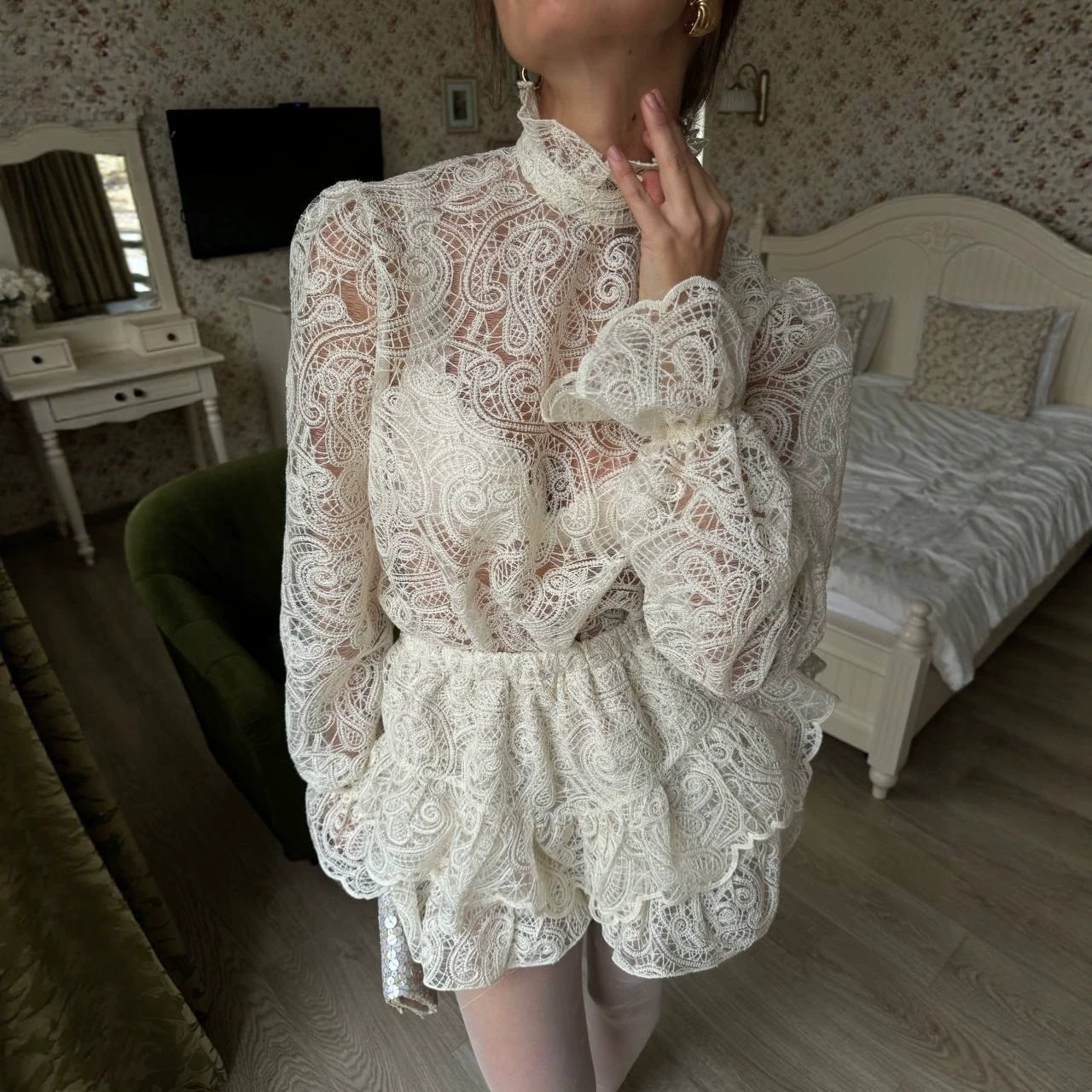 Lace Cutout High Neck Lantern Sleeve Two-Piece Cake Dress