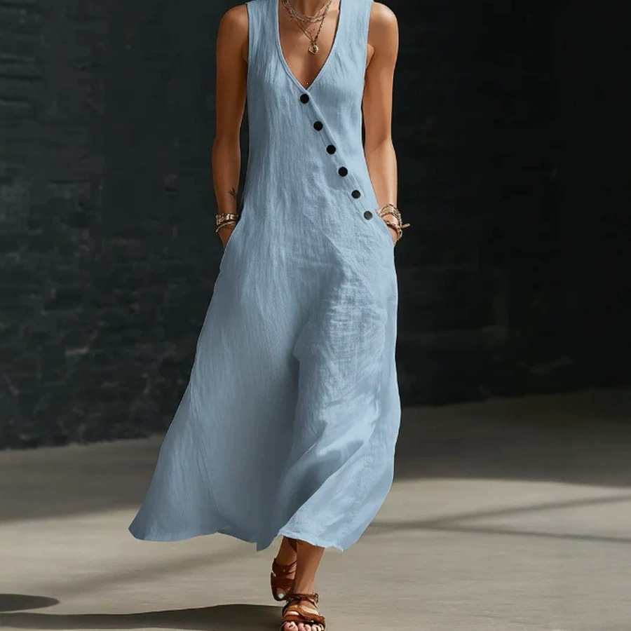 V-Neck Button-Front Sleeveless A-Line Maxi Dress
