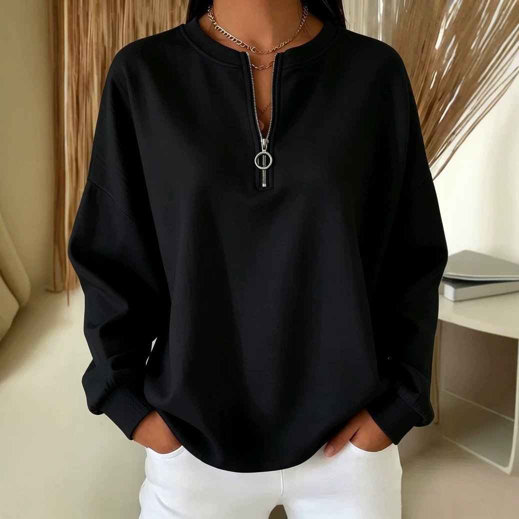 Women's Loose Half-Zip Pullover Sweatshirt Solid Color Long Sleeve Crewneck