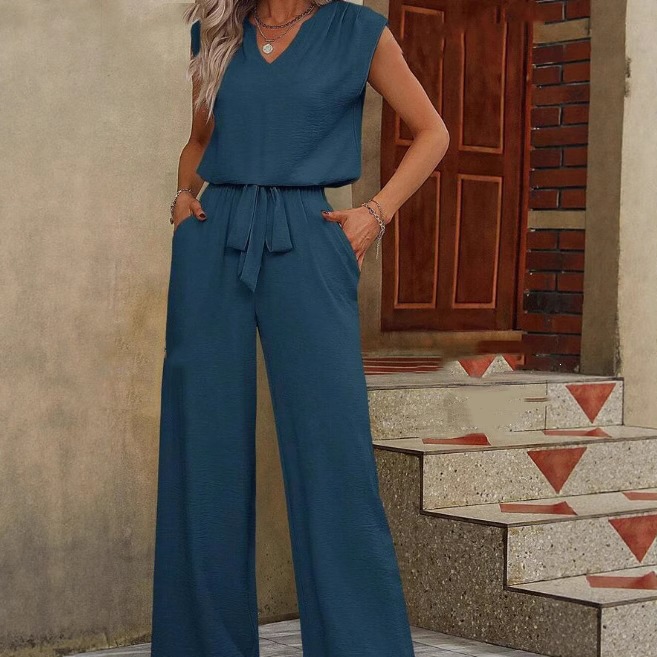 Solid Sleeveless V-Neck Loose Top and Tie-Waist Wide-Leg Pants Casual Set