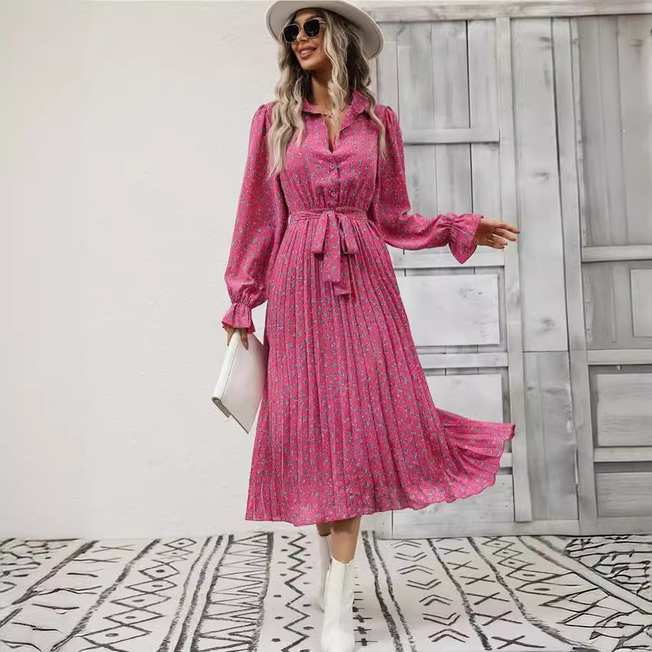 Women's Pleated Long Sleeve Tie-Waist Maxi Dress