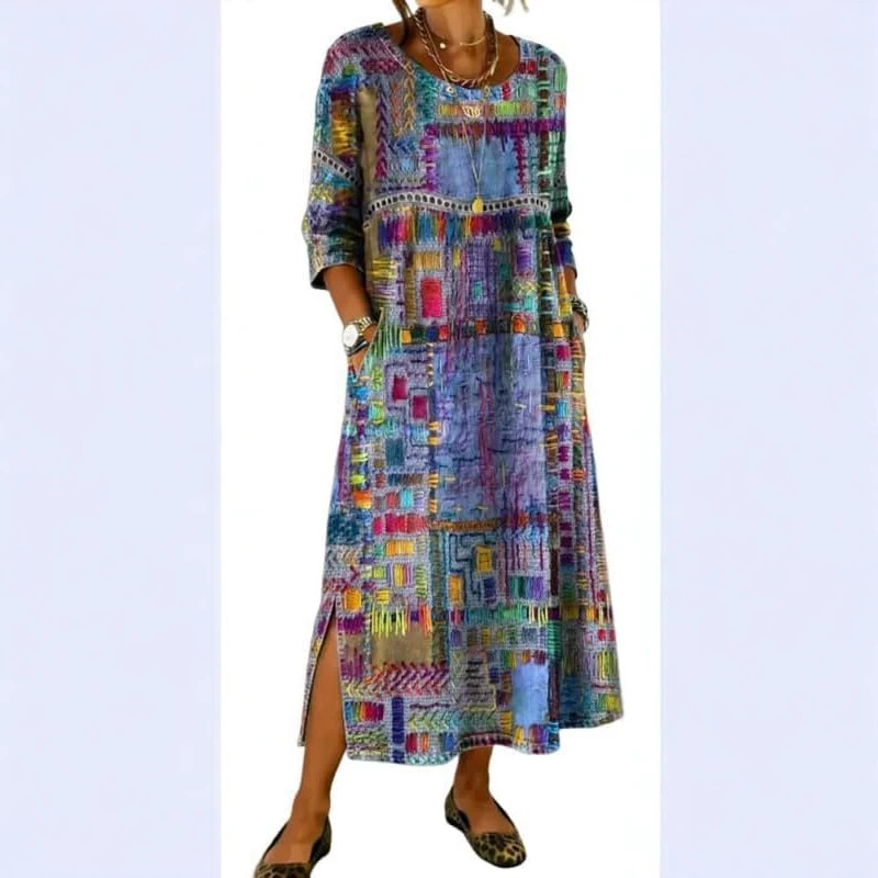 Women's Boho Novelty Print A-Line Midi Dress Long Sleeve