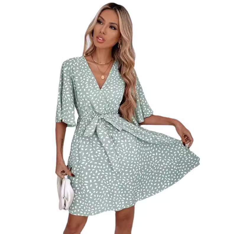 V-Neck Short Sleeve Cinched Waist Dress