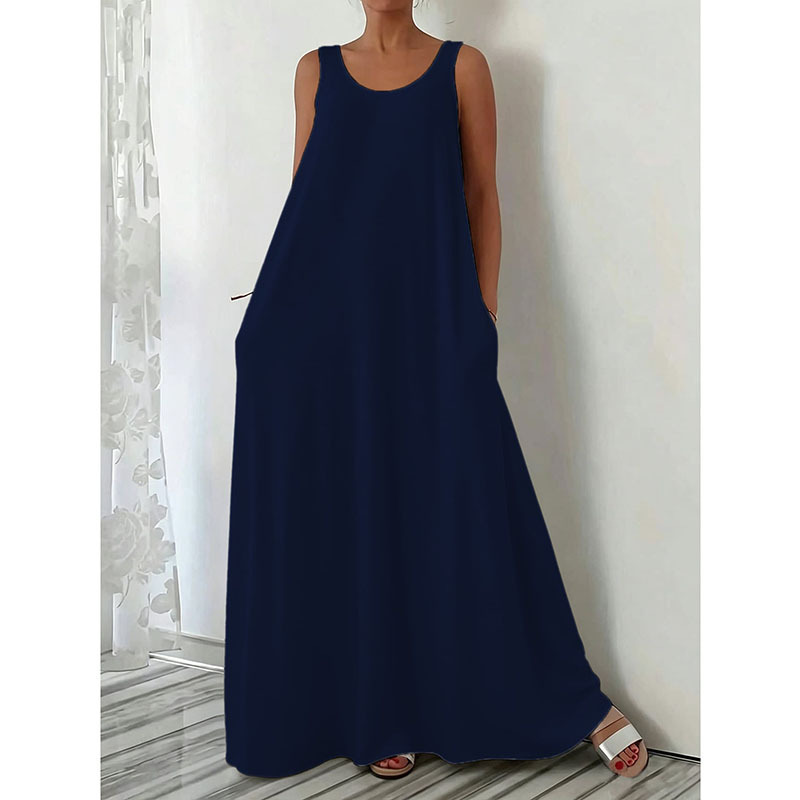 Women's Summer Sleeveless Solid Color Long Dress Casual Slim Fit