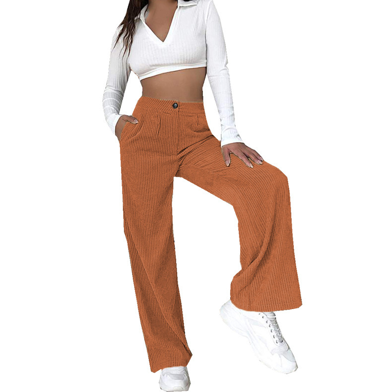 Women's High-Waist Corduroy Straight-Leg Pants Solid Color Casual Trousers