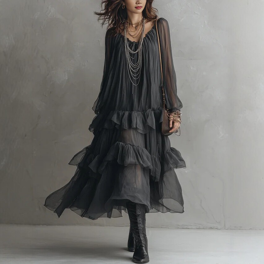 Sheer Chiffon Long Sleeve Tiered Ruffle Maxi Dress