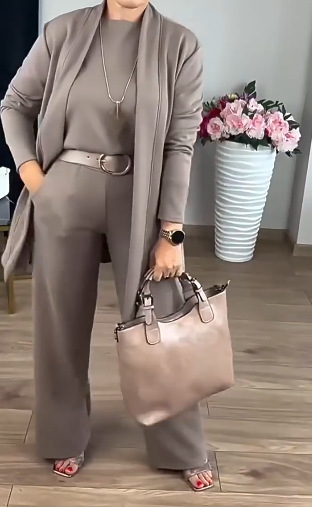 Women's Solid Color Round Neck Long Sleeve Top with Belt and Comfortable Pants 3-Piece Set