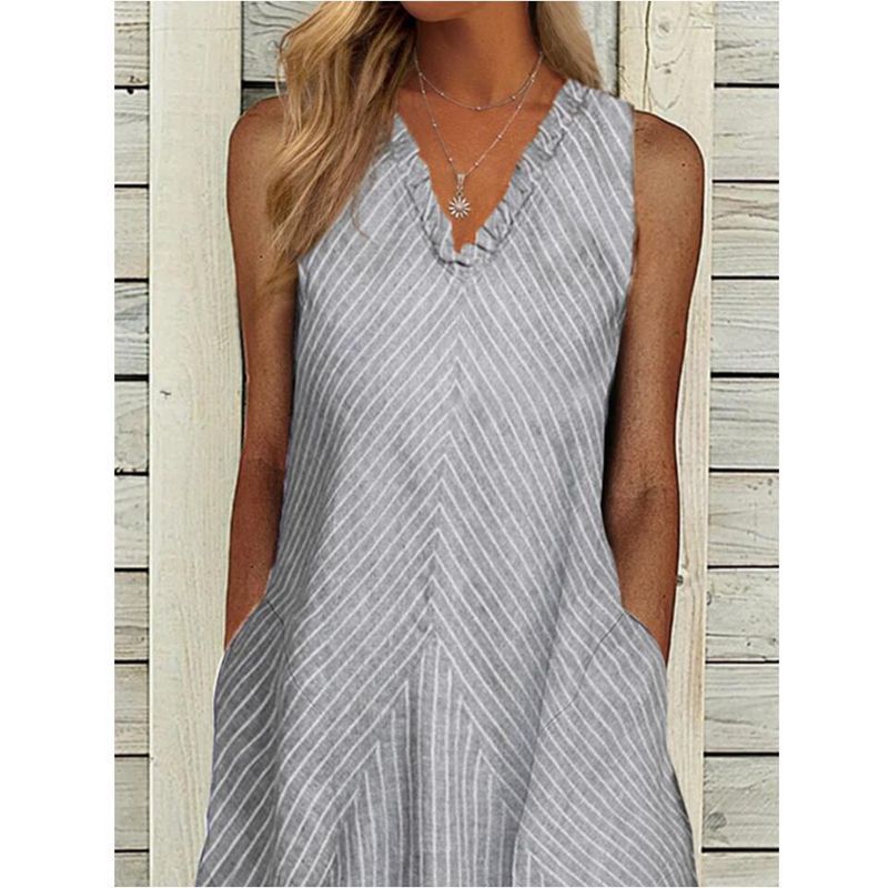 Summer V-Neck Sleeveless Smocked Pocket Striped Print Maxi Dress