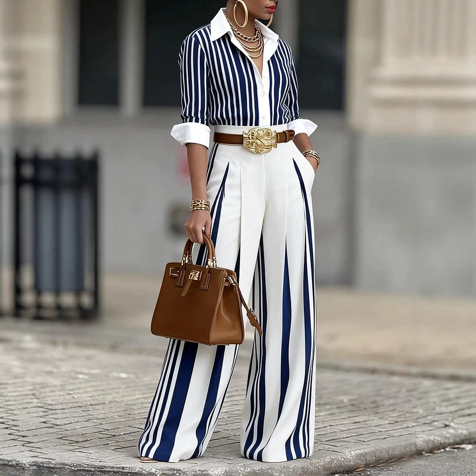 Women's Striped Straight-Leg Pants Set Casual Commuter Two-Piece