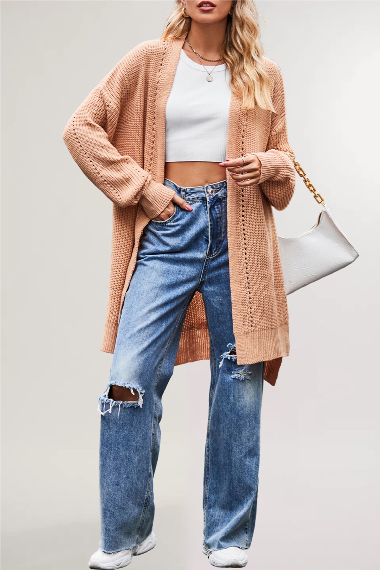 Women's Solid Color Loose Knit Cardigan with Pockets