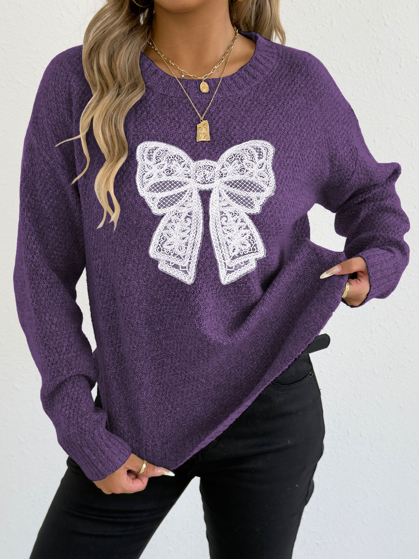 Embroidered Lace Butterfly Knit Sweater Crewneck Pullover