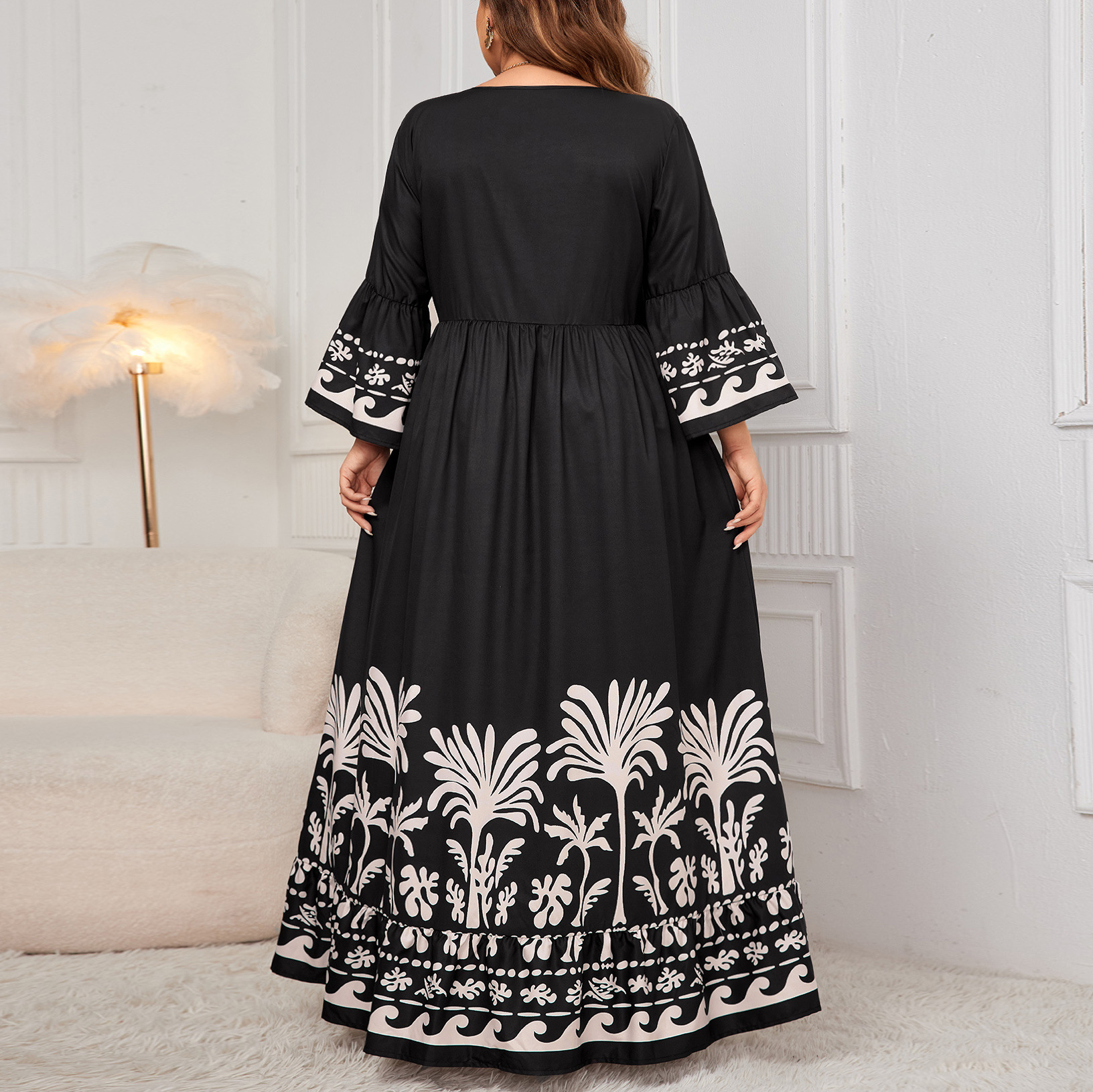 Women's Flared Sleeve V-Neck Printed Long Dress