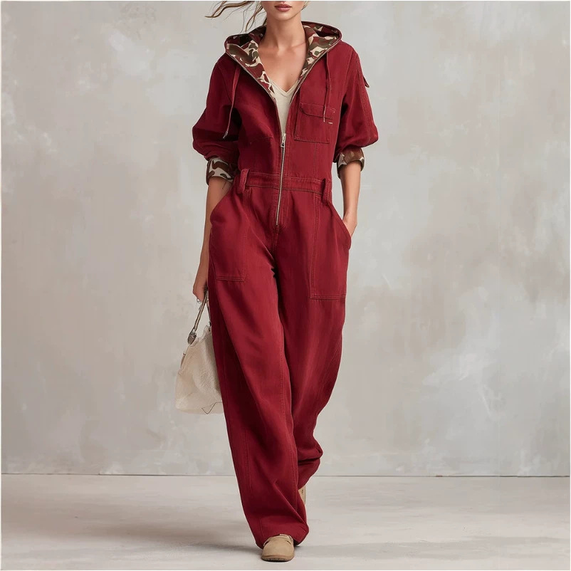 Camouflage Hooded Zip-Front Denim Jumpsuit