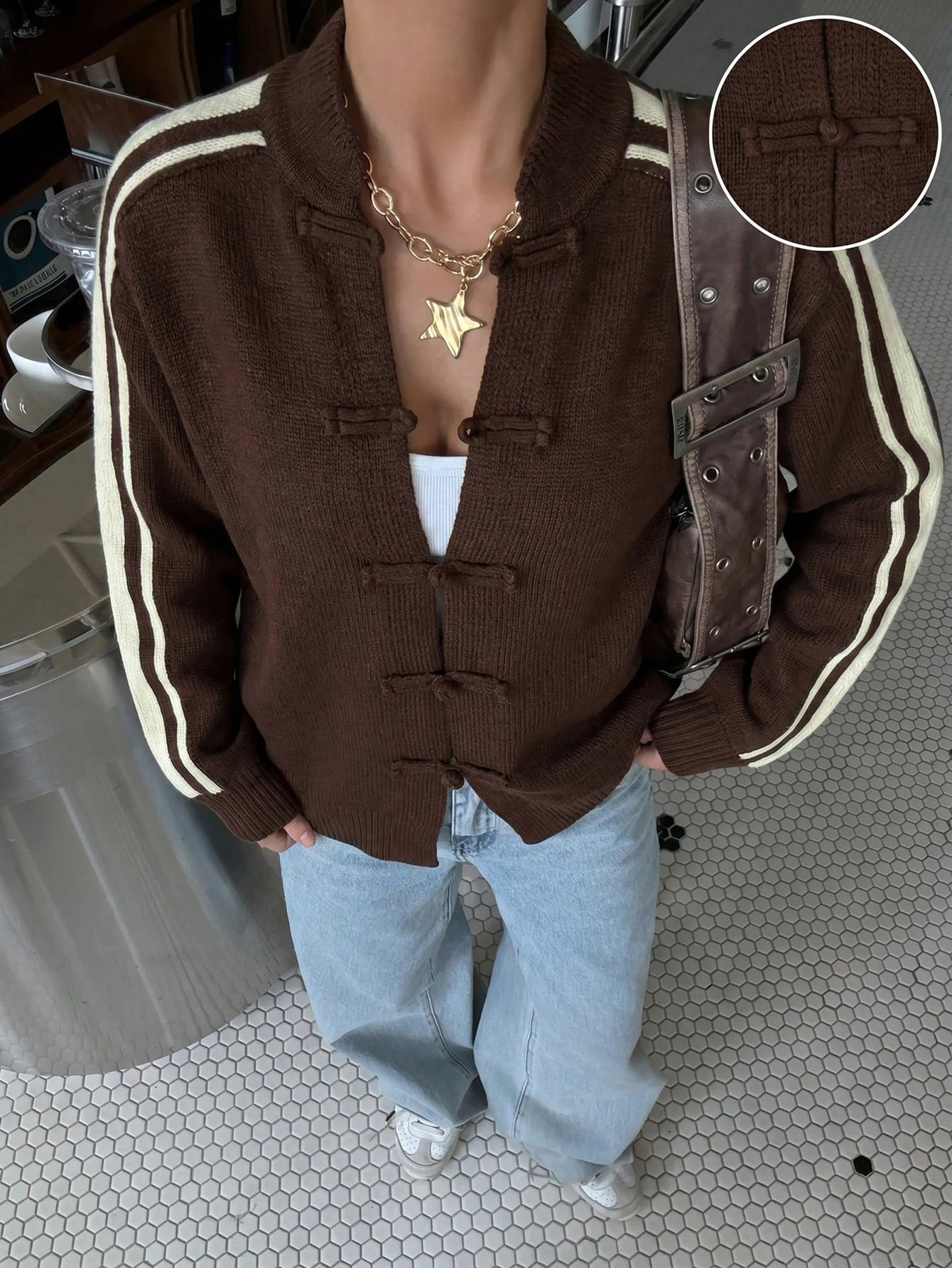 Retro Color-Block Striped Button-Front Knit Cardigan with Mandarin Collar