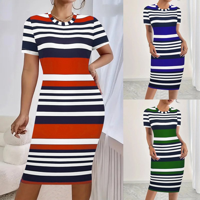 Striped Print Round Neck Short Sleeve Dress