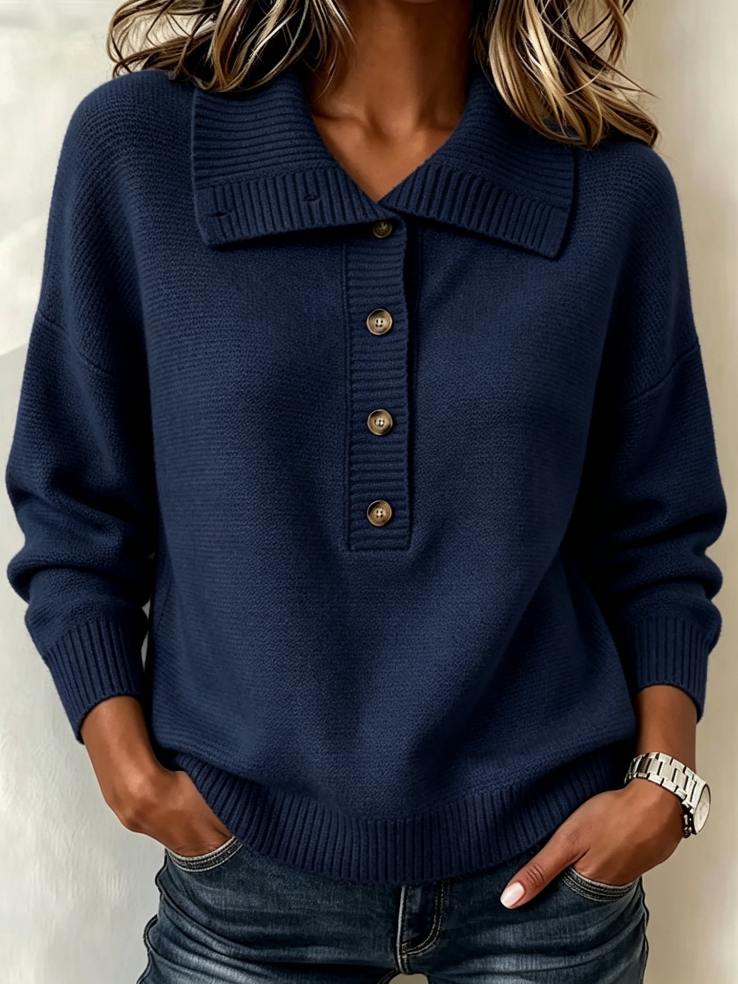 Retro Button Knit Sweater Solid Color Loose Casual Women's Top