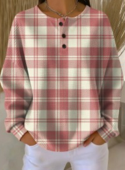 Women's Plaid Tree Floral Polka Dot Print Button Sweatshirt