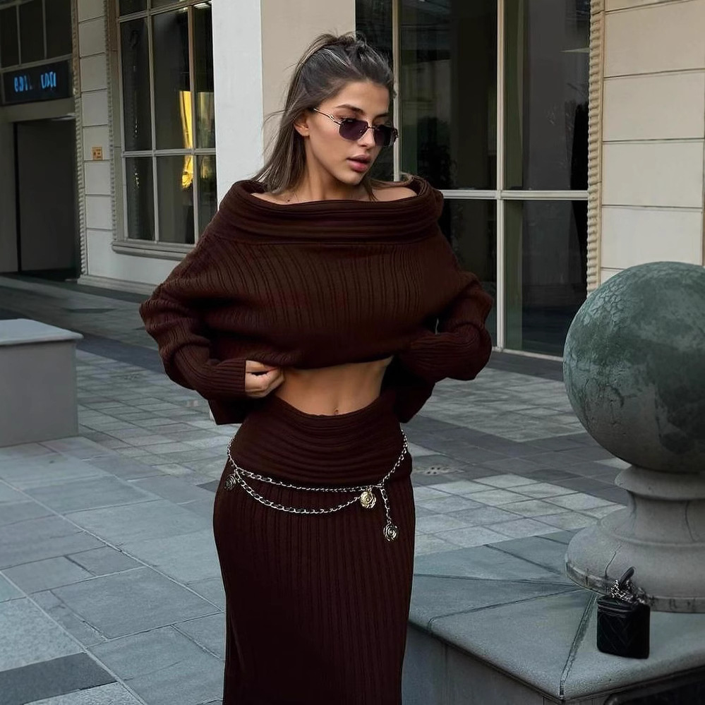 Off-Shoulder Slimming Loose Solid Knit Sweater Two-Piece Long Sleeve Set