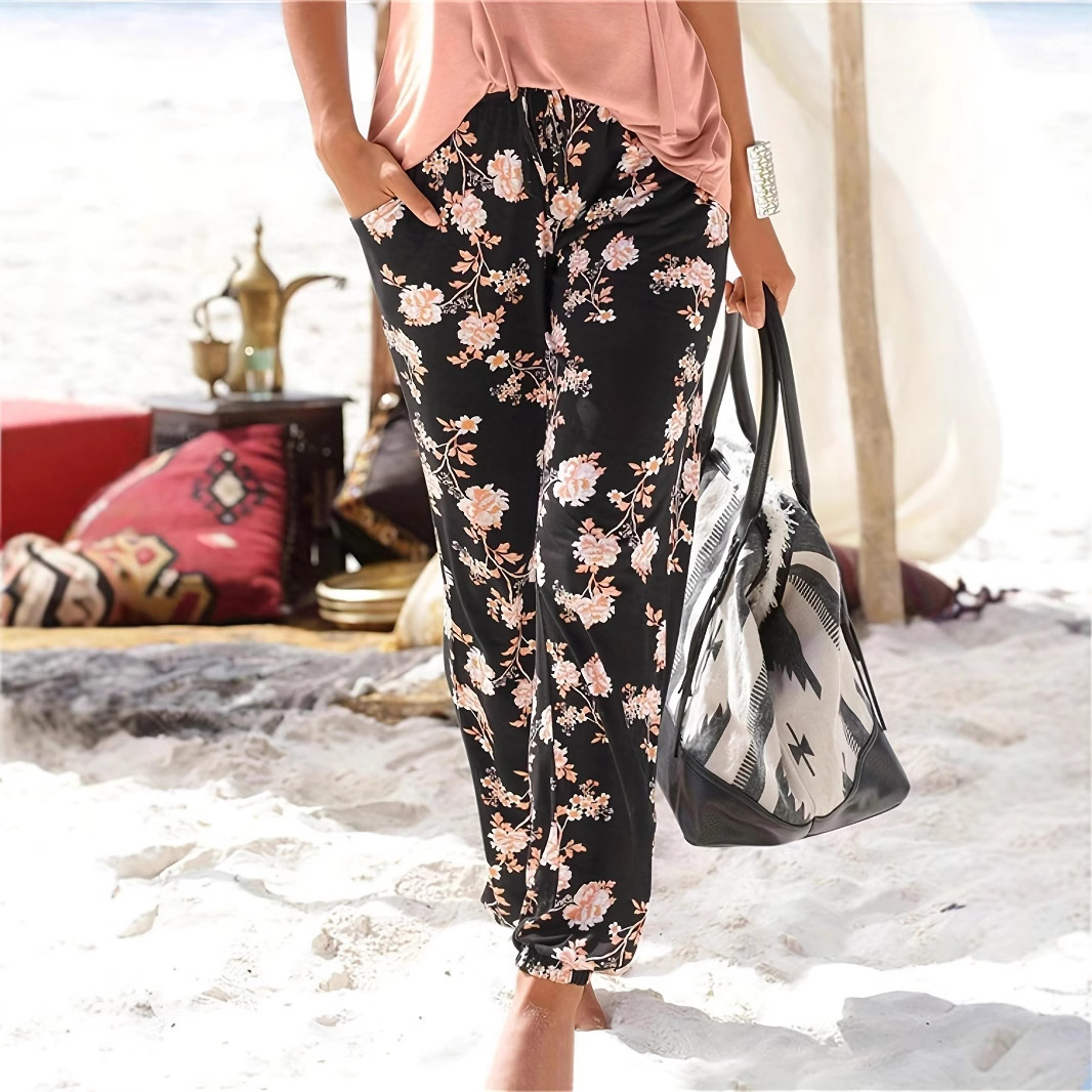 Women's High-Waist Printed Wide-Leg Pants with Cuffed Hem