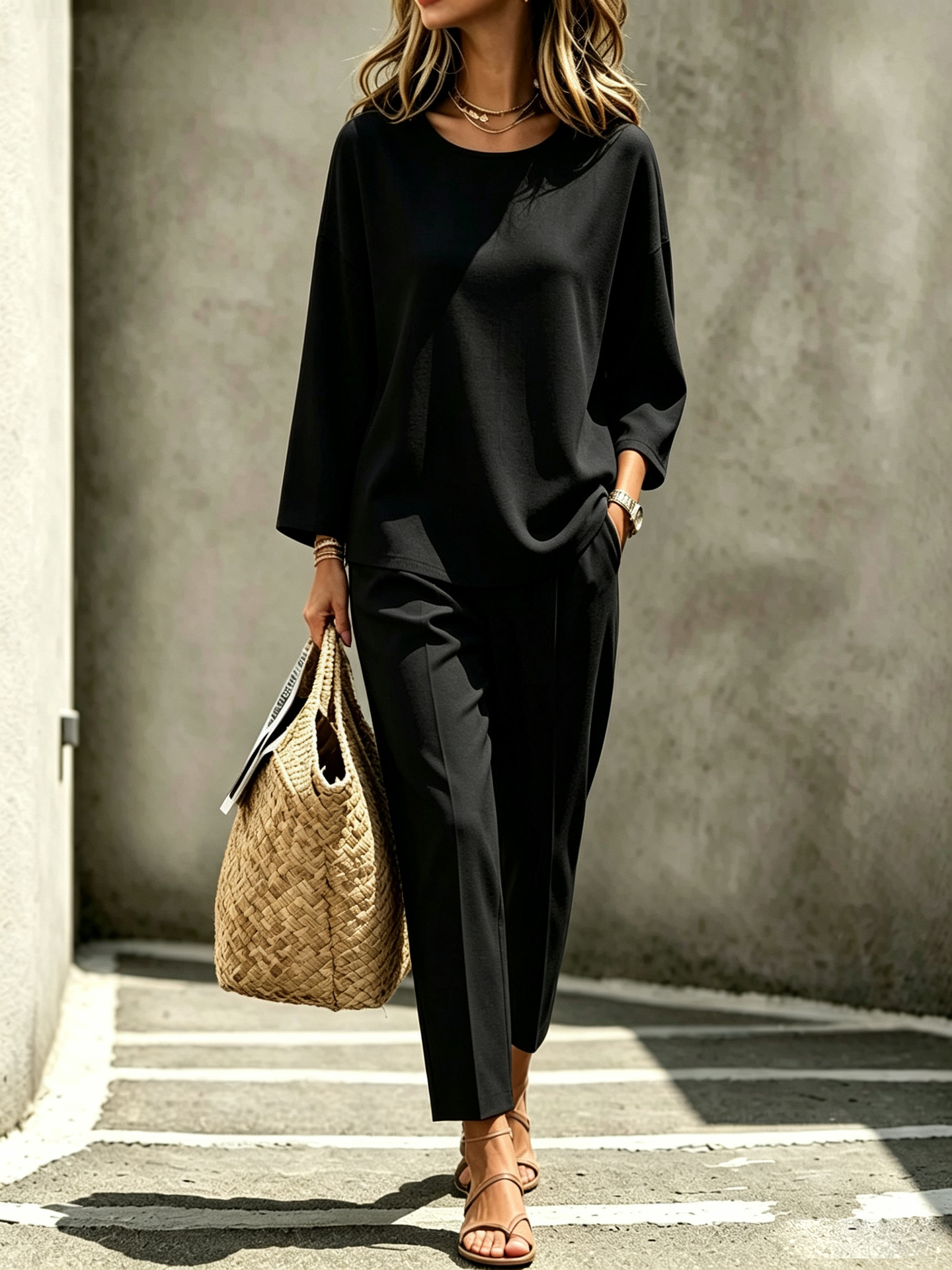 Women's Casual Two-Piece Set Crewneck Long-Sleeve Top and Pants