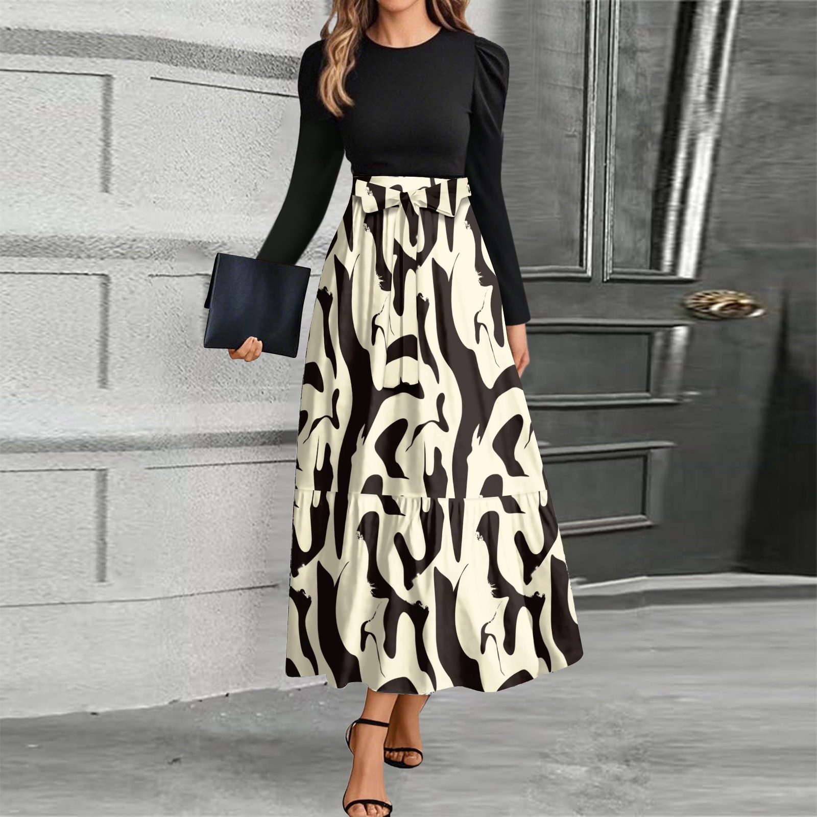 Women's Midi Dress Casual Elegant Long Sleeve High Waist Flowy Skirt