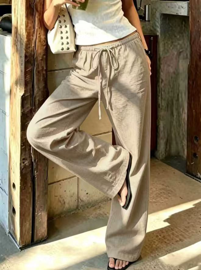 High-Waist Tie-Waist Wide-Leg Pants Women's Lightweight Drapey Casual Trousers