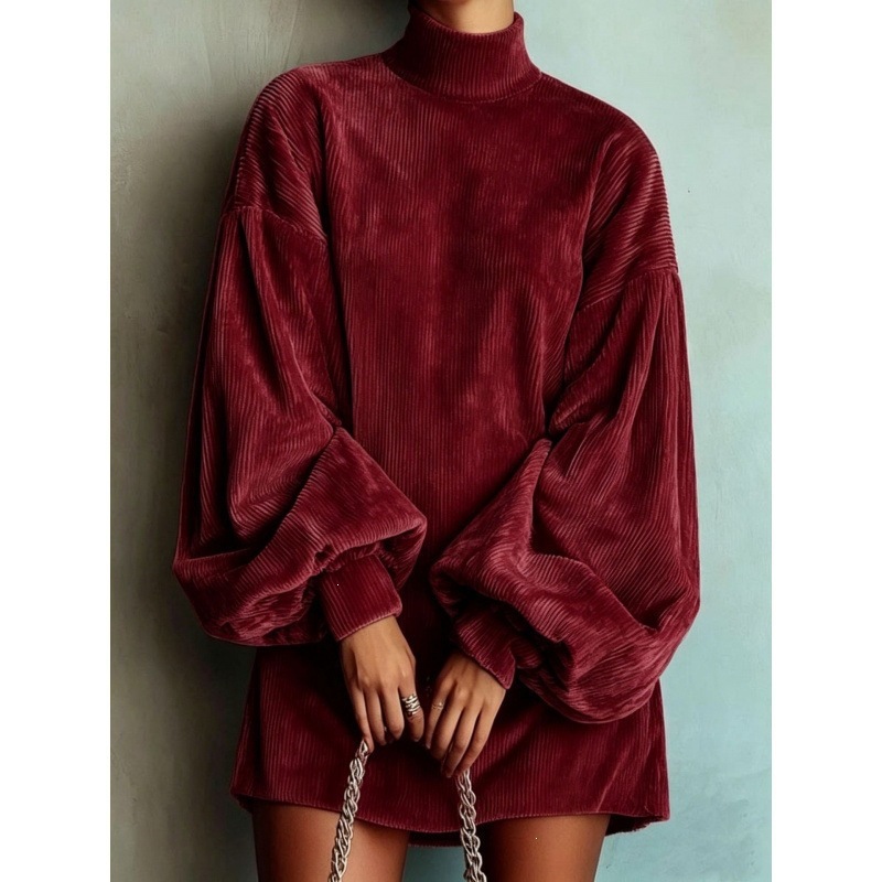 Women's Loose Lantern Sleeve A-Line Dress Corduroy Solid Color