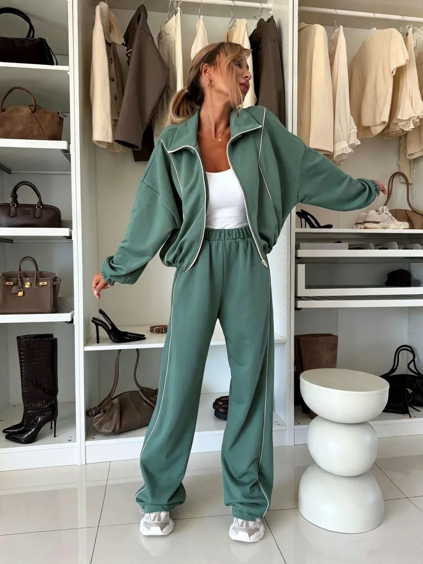 Striped Color-Block Long-Sleeve Stand-Collar Jacket & Pants Two-Piece Set