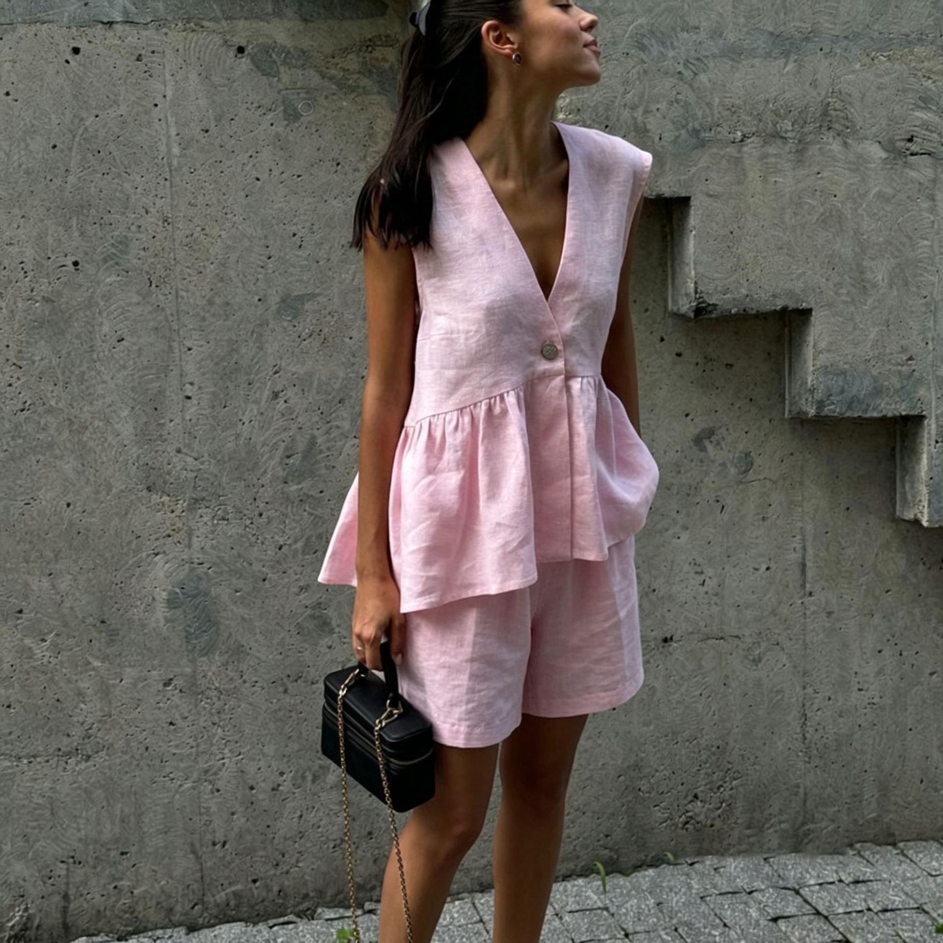 V-Neck Sleeveless Ruched Top and Solid Shorts Two-Piece Set