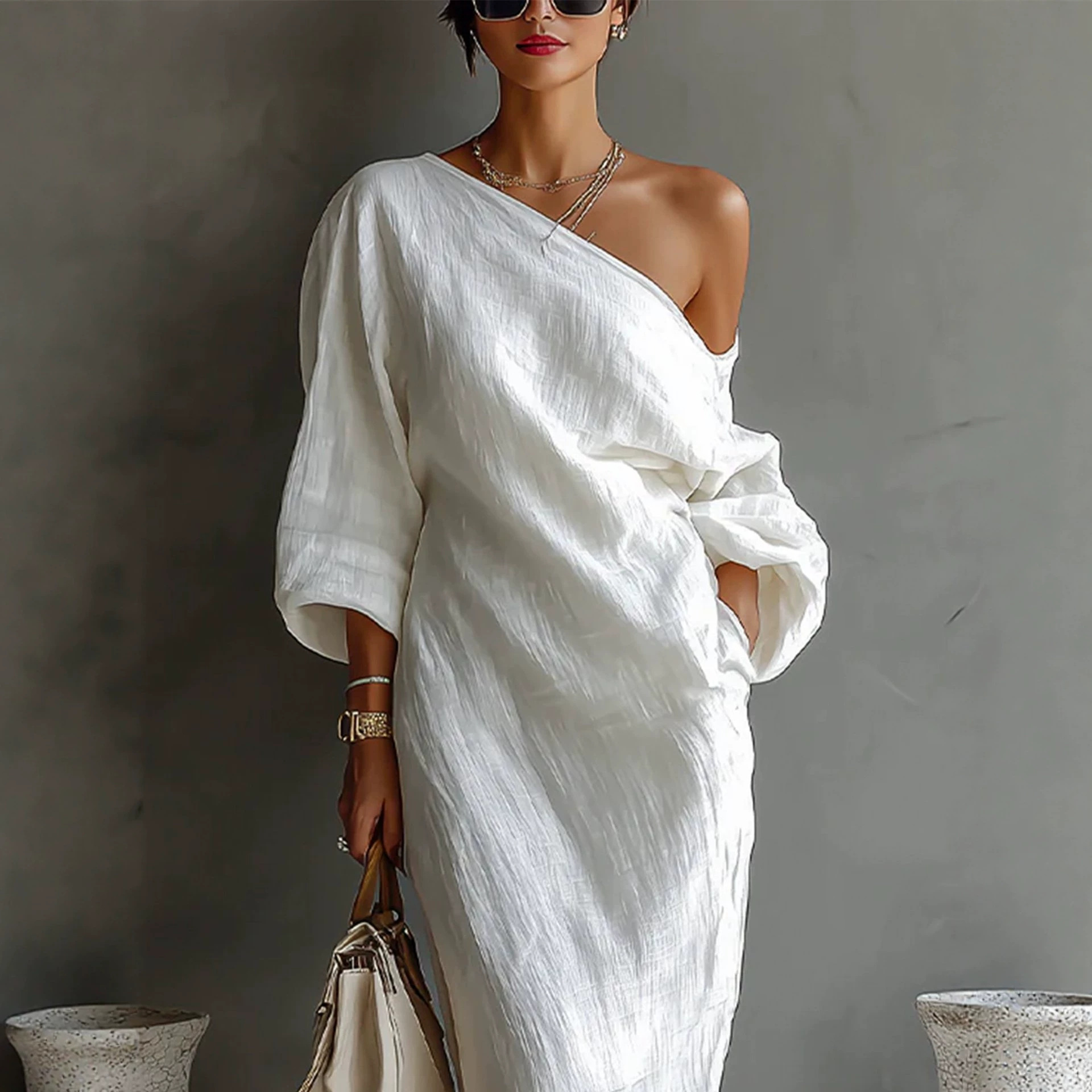 Women's Cotton Linen Asymmetric Long Dress Casual Loose H-Line