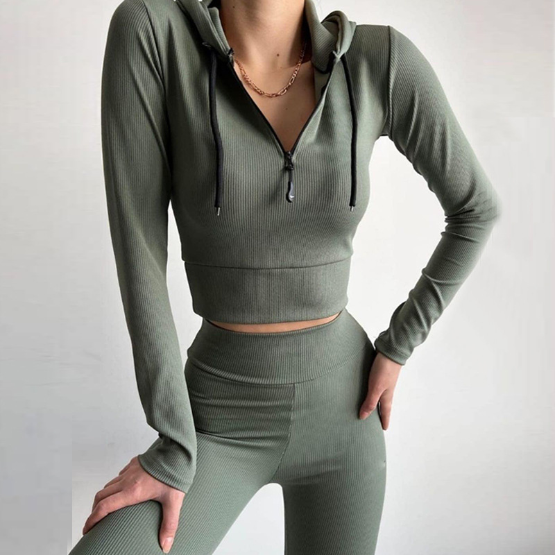 Women's Knit Hooded Two-Piece Set Slim Fit High Waist Long Sleeve Top and Pants