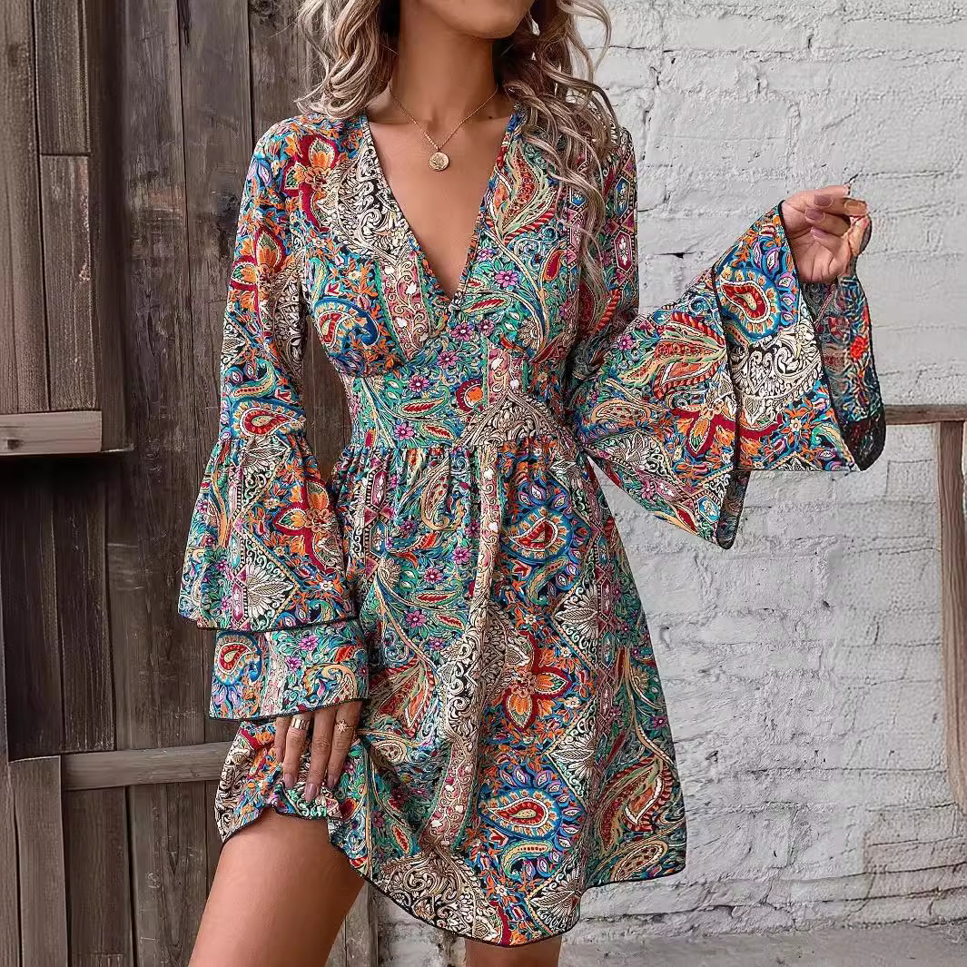 Elegant Floral Print V-Neck Bell Sleeve Midi Dress