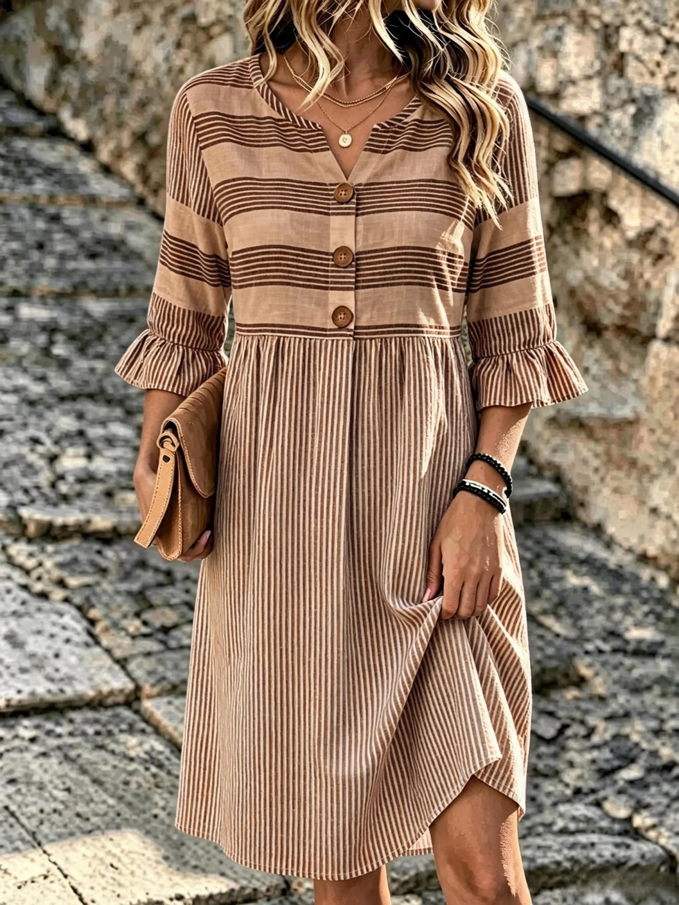Women's Floral Striped Print Casual Dress with Deep V-Neck and Five-Quarter Sleeves
