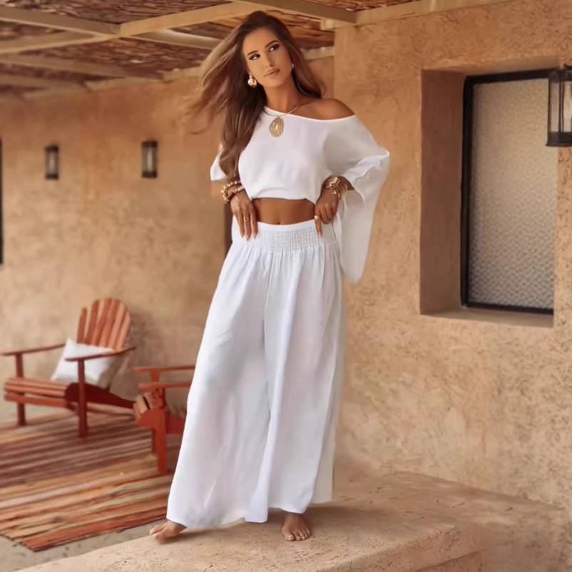 Women's Solid Color Off-Shoulder Bell Sleeve Top Set Casual Loose Summer Two-Piece