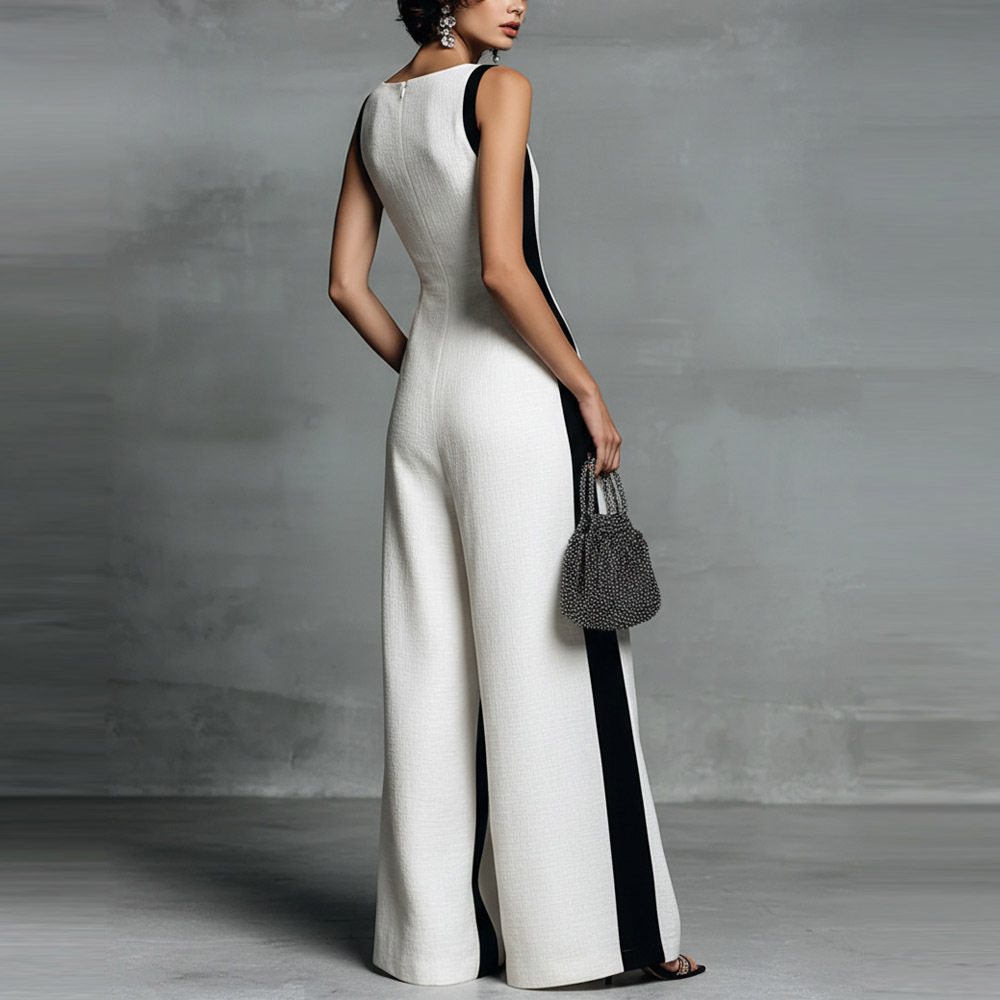 Women's Black and White Colorblock Spaghetti Strap Deep V-Neck Jumpsuit