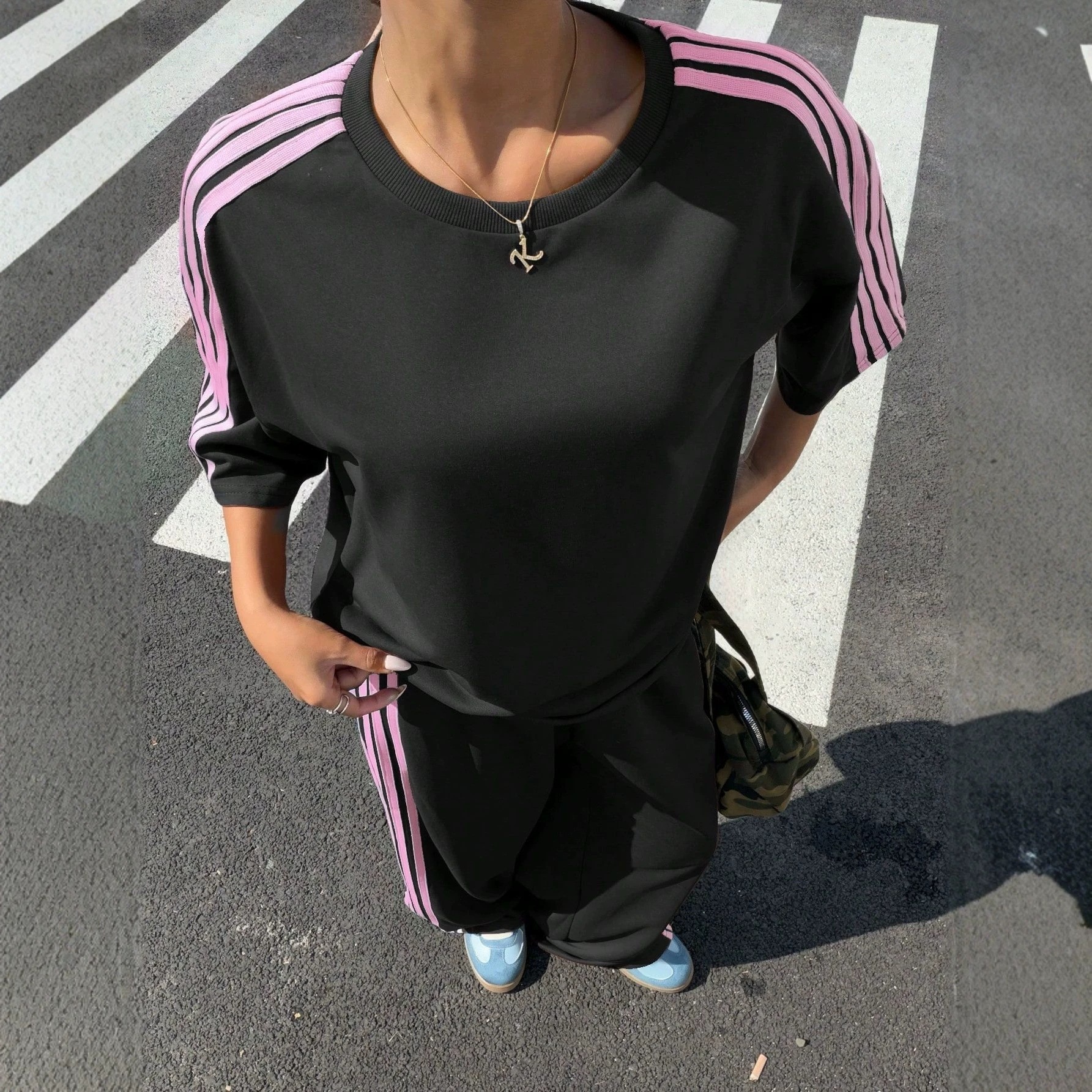 Women's Loose Short-Sleeve Tee & Striped Wide-Leg Pants Set