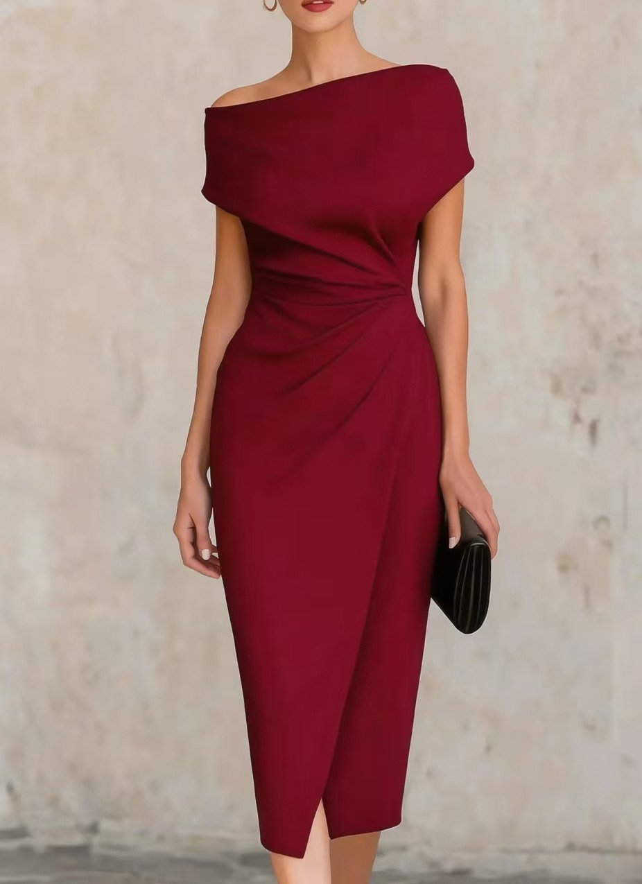 Off-Shoulder Ruched Waist Midi Dress with Slit