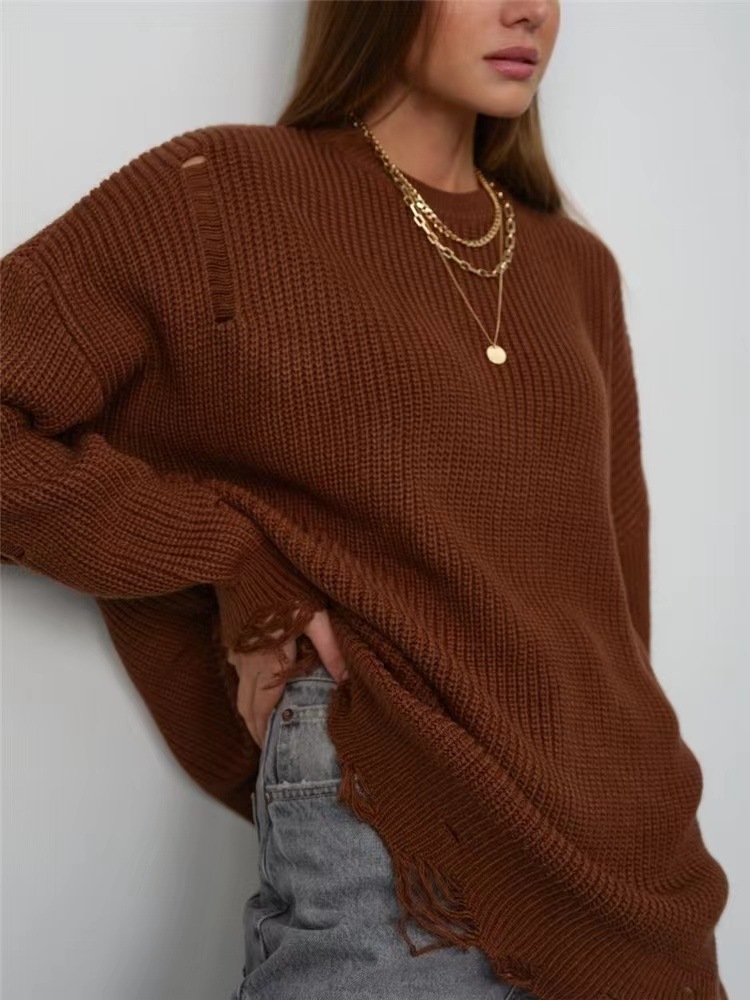 Loose Solid Color Distressed Crewneck Pullover Sweater Long Sleeve Mid-Length