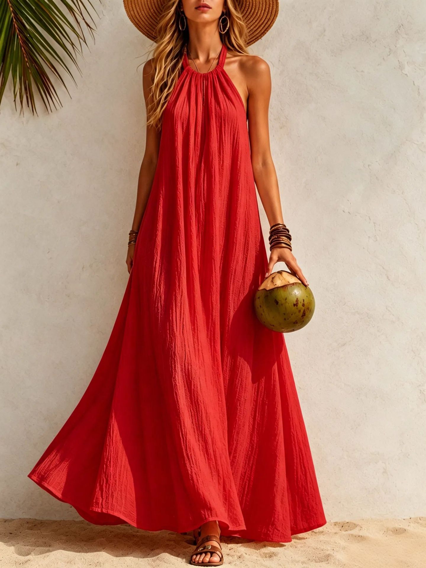 Women's Halter Neck Maxi Dress Loose A-Line Boho Beach Vacation Dress