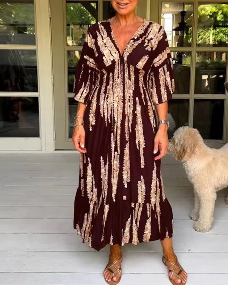 Women's Summer V-Neck Floral Print Bell Sleeve Maxi Dress