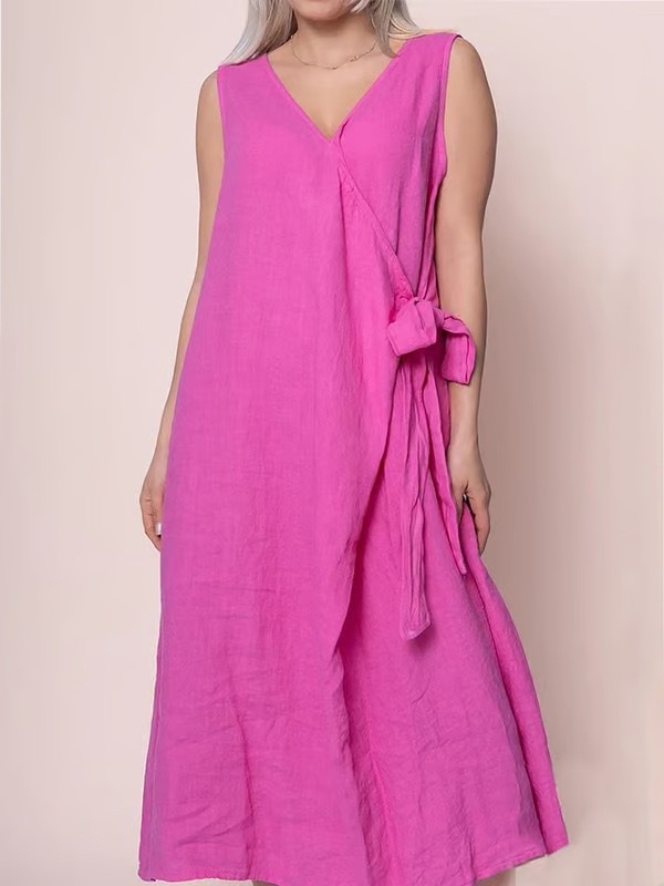 Women's Summer Loose Tie-Front Sleeveless Solid Cotton-Blend Dress