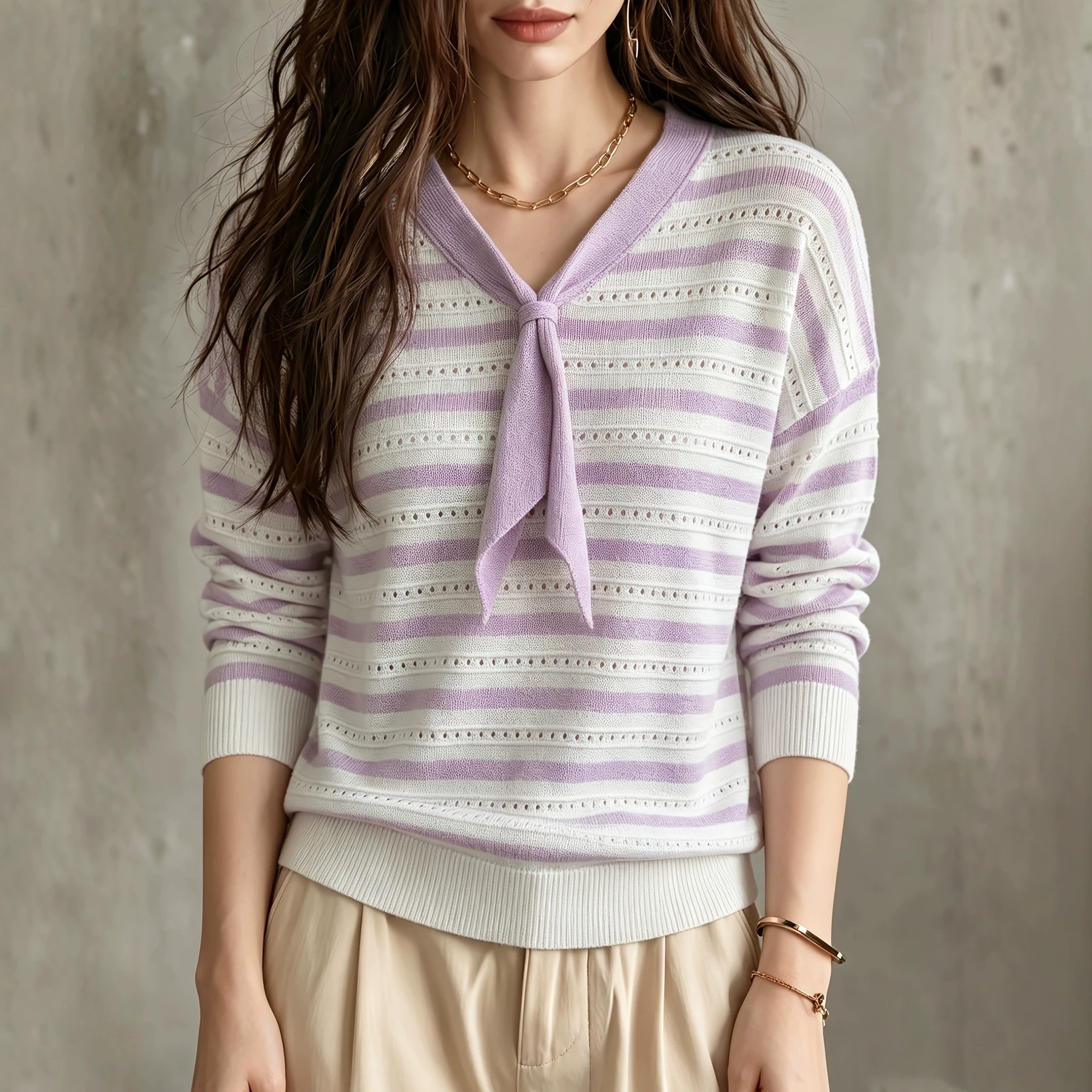 Lightweight Striped V-Neck Knit Pullover with Cutout Tie Waist