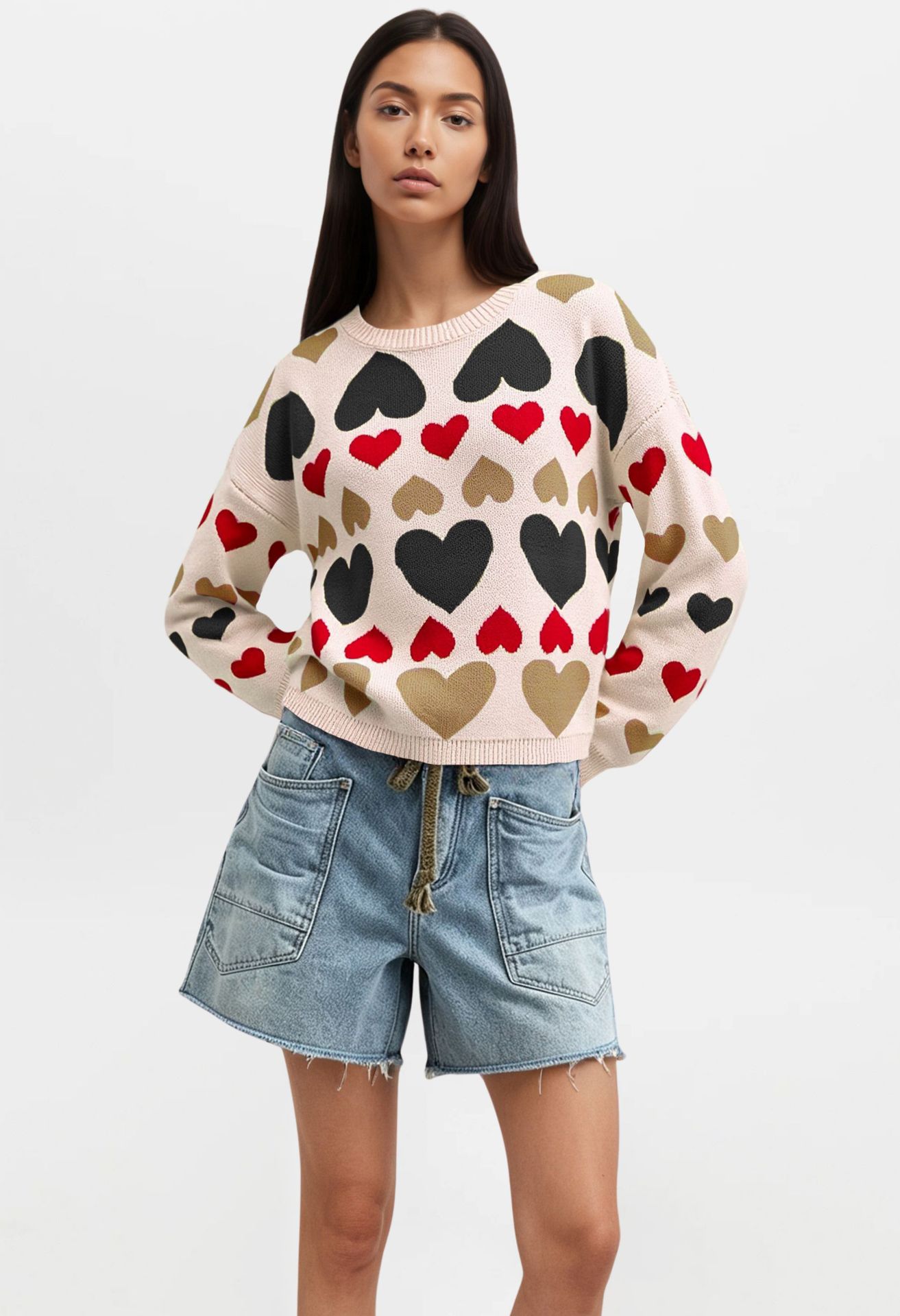 Women's Heart Pullover Sweater Long Sleeve Crew Neck Colorblock