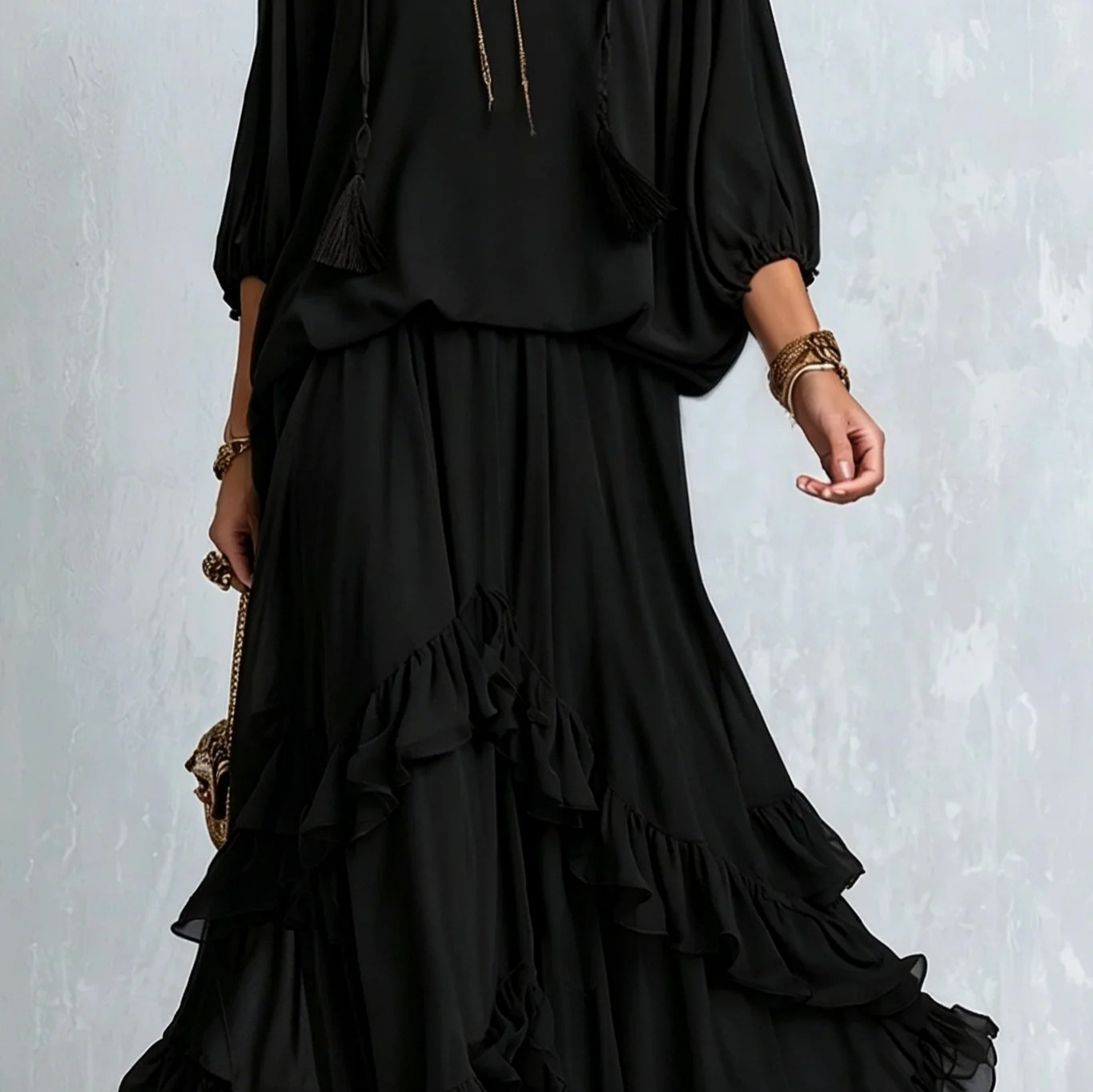 Lazy V-Neck Fringe Tie Loose Top and Ruffled Asymmetrical Maxi Skirt Two-Piece Set