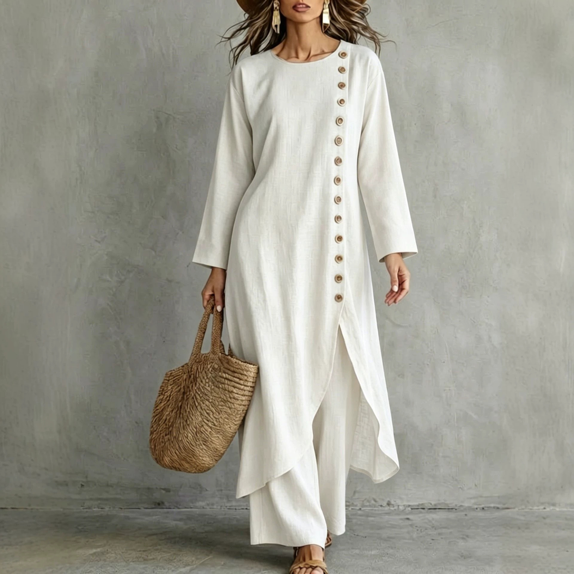 Solid Color Loose Button Round Neck Long Sleeve Dress